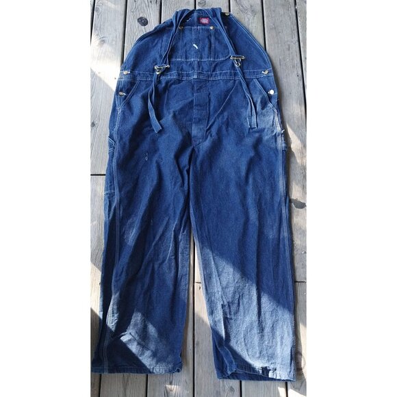 Vintage Dickies Denim Bib Overalls 50x 30 Carpenter Blue Work Button Fly Trucker - Picture 2 of 6